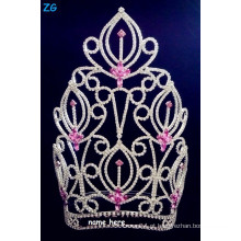 Lindo gorgeous grande representação de beleza coroa coroa com cristal rosa, rosa coroa de flores de cristal nupcial, tiaras nome personalizado